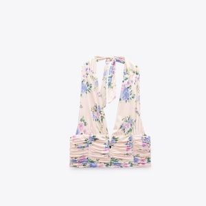 Zara Light Pink Floral Ruched Halter Top